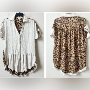 Umgee Linen blend Animal Print back collared button down blouse tunic top Sz S
